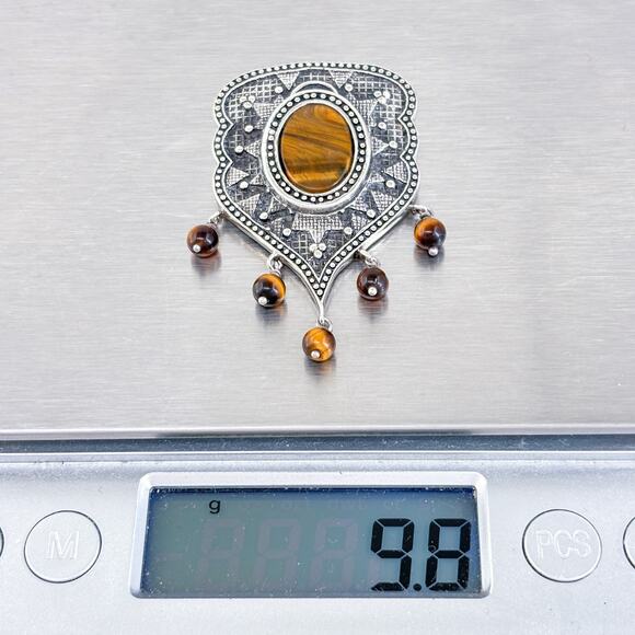 Vintage Sterling Silver 925 4.5cm Shield Shaped Tiger’s Eye Dangle Pendant - Picture 6 of 7